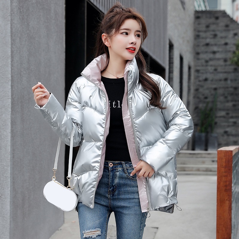

Women' Autumn Winter Coats Fashion Silver Stand Collar Parkas Jacket Women Pockets Warm Padded Cotton Coat Female Clothing 210521