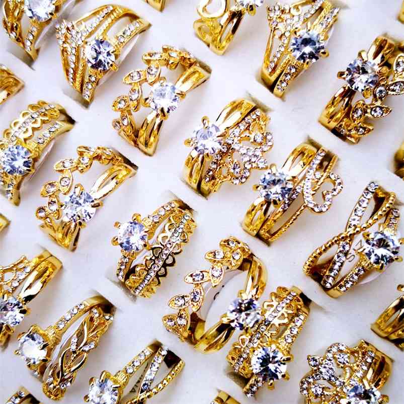 

10Pcs Women's Rings Design Mixed Styles Gold and SilverZircon Wholesale Lots Female Jewelry Bulks Lot LR4161 210701