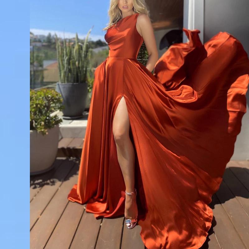 

Casual Dresses Women' Summer Autumn Sleeveless One Shoulder Maxi Split Dress Evening Party Beach Solid Color Silk Long Sundress, Beige