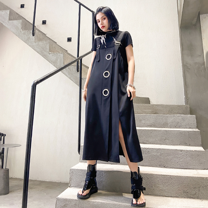 

2021eam women black hollow out vent split big size strapless dress new sleeveless loose fit fashion tide spring summer 2021 1t768, Black;gray