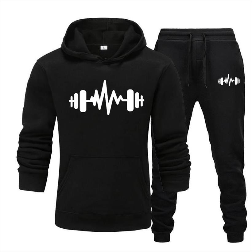

sporting fleece thick hooded men tracksuit hoodies set casual track suit jacket pant warm fur inside winter sweatshirt, Gray