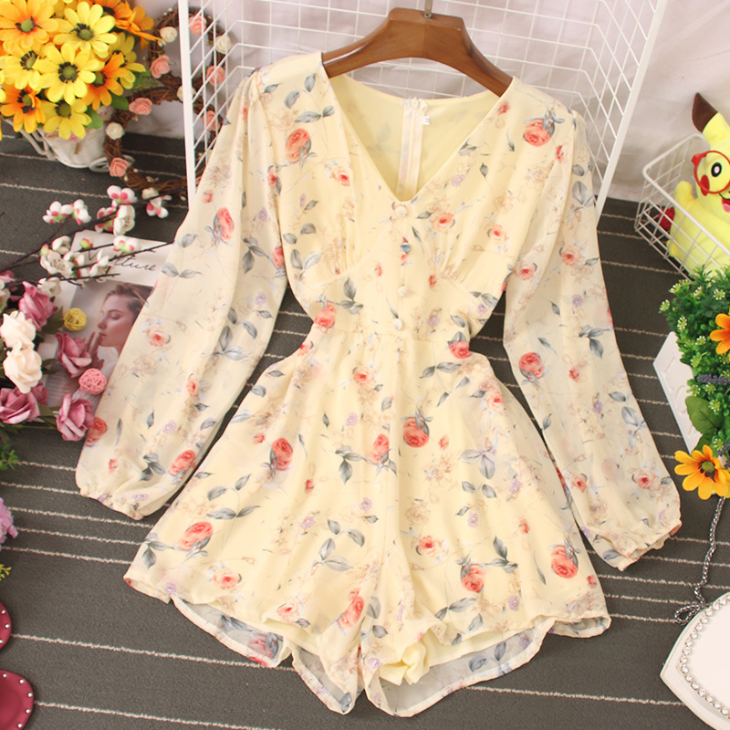 

Female Summer Spring Temperament Versatile Floral Dress Lace V Neck Long Sleeve High Waist Ladies 210520, Apricot