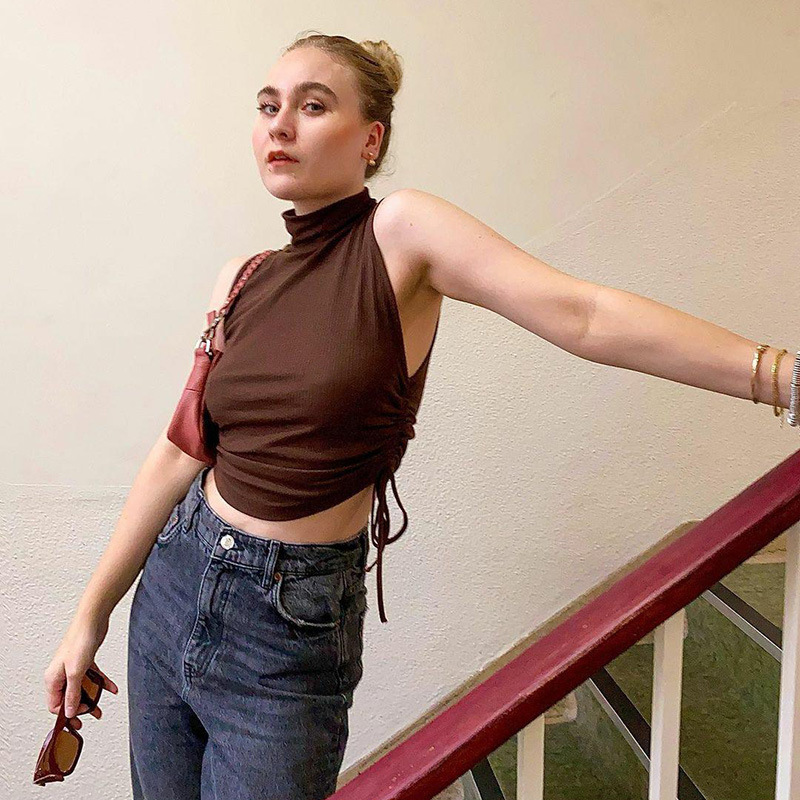 

Paris Girl Fashion Small Vest Women Slim Solid Color Round Neck Sleeveless Camisole Female Summer Harajuku Drawstring Short Top 210524, Brown