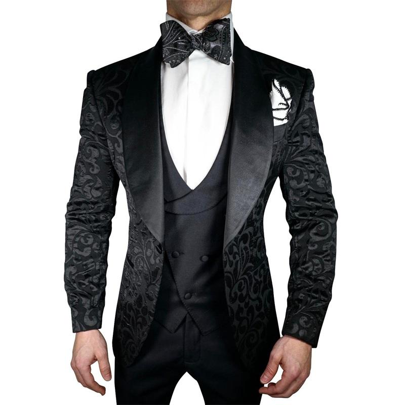 

Men's Suits & Blazers (Jacket+Pants+Vest) Handsome Black Jacquard 3 Piece Groom Tuexdos For Wedding Formal Prom Suit Party Evening Blazer Cu