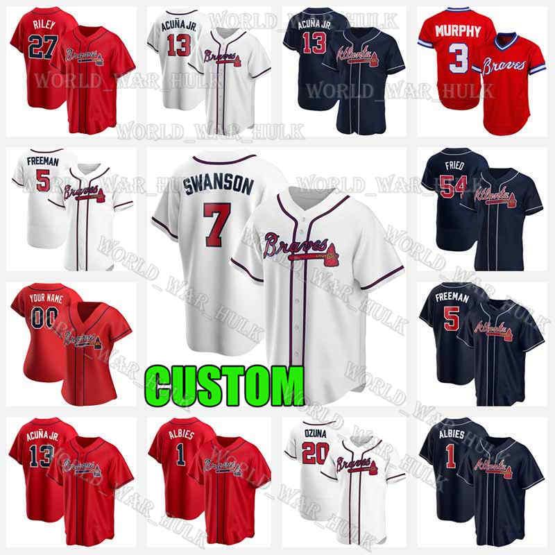 

Custom 2021 Atlanta Brave 7 Dansby Swanson Jersey 20 Marcell Ozuna 5 Freddie Freeman 13 Ronald AcuÃ±a Jr. Ozzie Albies Mike Soroka Baseball, Blue;black