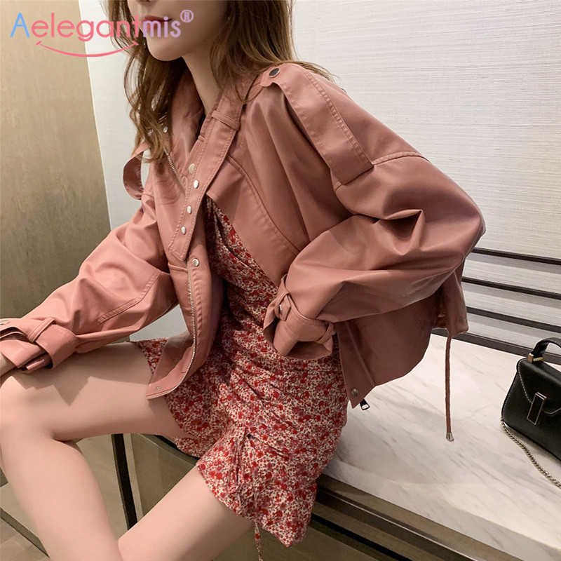 

Aelegantmis Black Loose Pu Leather Jacket Women Short Soft Faux Biker Ladies Basic Coat Casual Outwear 210607, Pink