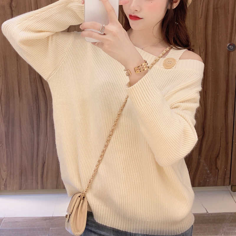 

Irregular Sweater Pullover Women Solid Fashion Korean Style Knitted Jumper Casual Top Arrival Autumn Winter 210604, Color1