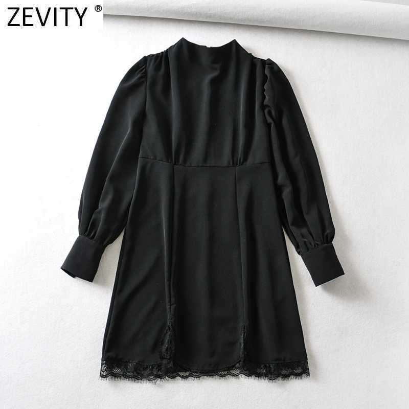 

Zevity Women Vintage Pleats Stand Collar Hem Lace Stitching Black Mini Dress Office Chic Female Back Zipper Vestido DS4980 210603, As pic ds4980wf