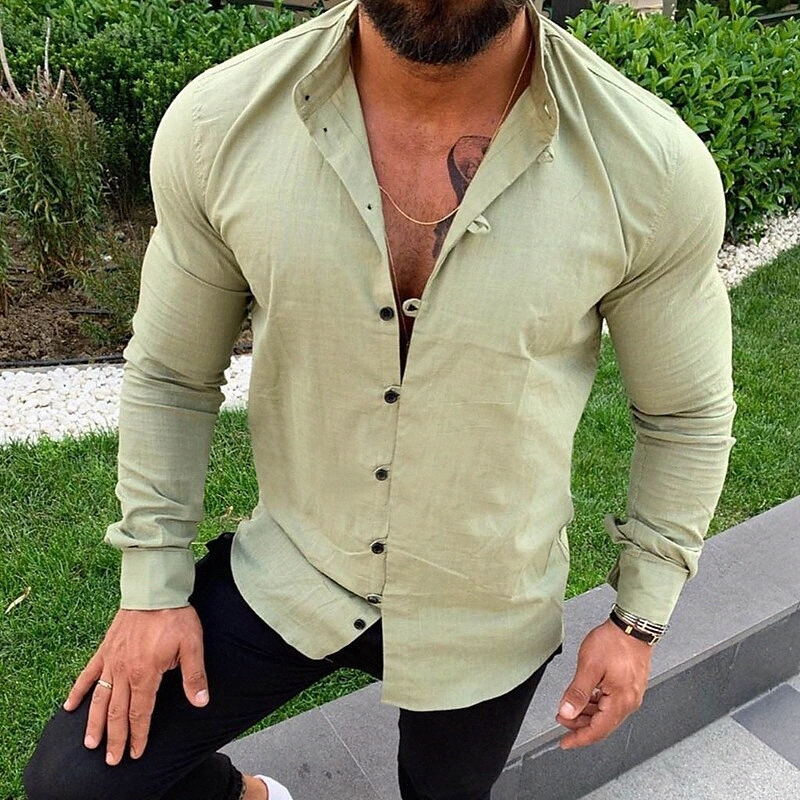 Men's Shirt Solid Color Collar Street Casual Button-Down Long Sleeve Tops Cotton Casual Fashion Comfortable Green White Black / Spring / Summer
