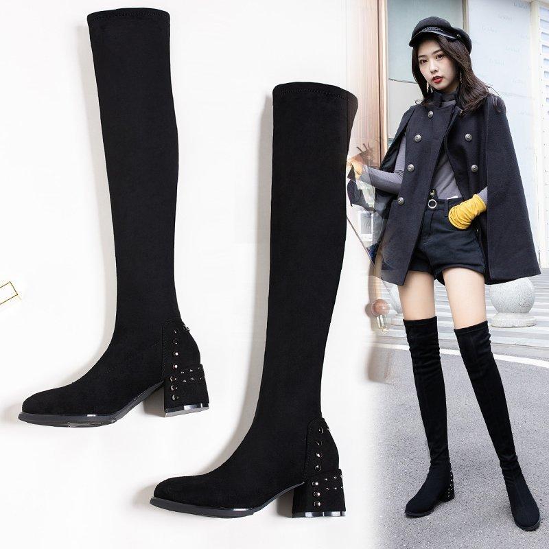 

Boots Sexy Thick Heel Over The Knee Women Stretch Thigh High Winter Plus Velvet Shoes Cuissardes, Black