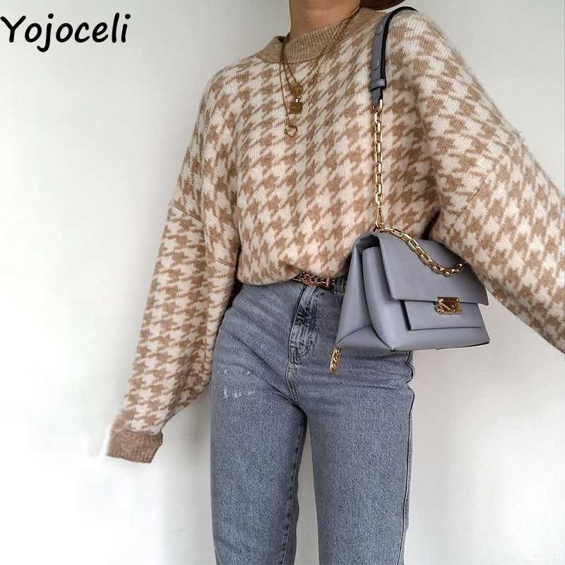 

Yojoceli Sexy plaid knitted warm women sweater jumper Autumn winter casual cool pullover Knitted black fashion 210609, Khaki