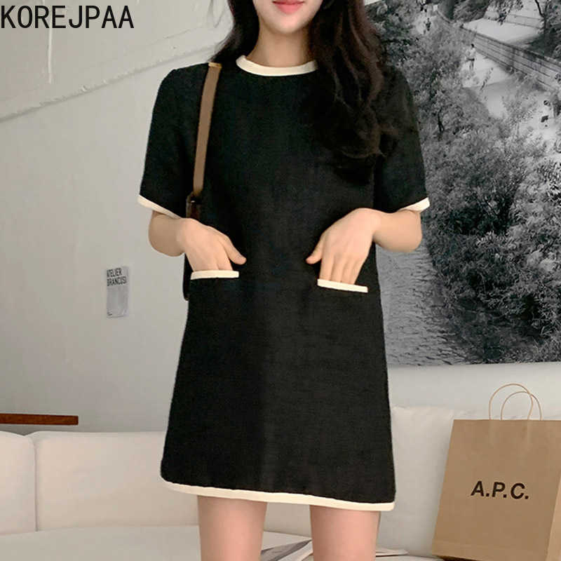 

Korejpaa Women Dress Summer Girl French Temperament Round Neck Contrast Color Edging Loose Versatile Double Pocket Vestidos 210526, Black