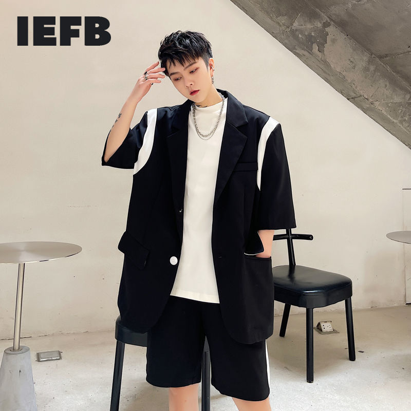 

IEFB Summer Color Contrast Splicing Men's Short Sleeve Suit + Elastic Waist Shorts Suit Black White Two Pieces Set 9Y7276 210524