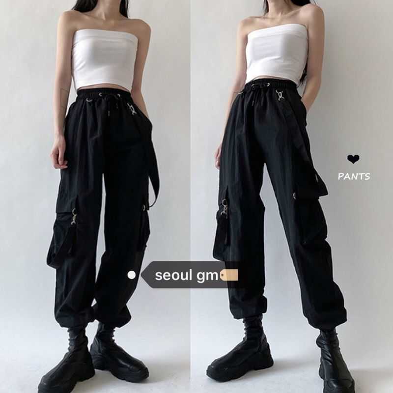 

Punk pants women SS high street Kore Harajuku Vintage lover bf jogging detachable strap overalls cargo streetwear trousers 210526, Black