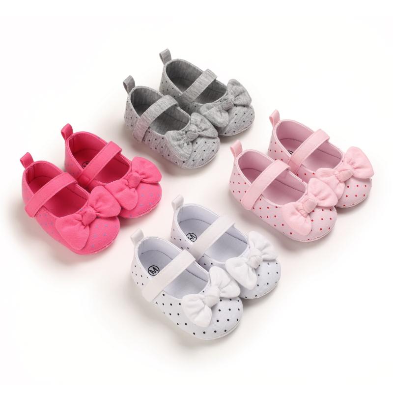 

First Walkers Spring Autumn 2021 Big Bow Polka Dot Solid Color 0-18 Month Baby Breathable And Comftable Soft Soled Walking Shoes