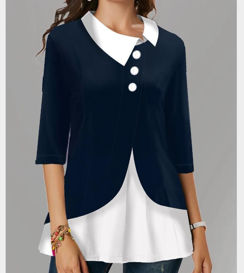 

shirt blouse womens women fashion turn down collar irregularity splicing female 3 4 sleeve head office clothes, White