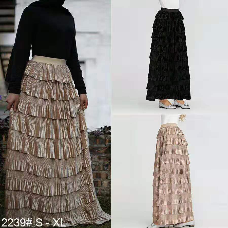 

Veet High Waist Pleated Muslim Skirt Women Vintage Elastic Pleated Skirts Ladies Solid Color Elegant Dubai Islamic Cothing New