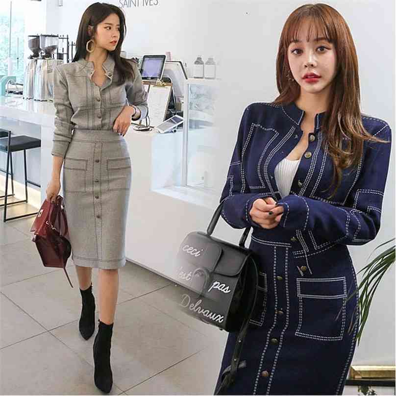 

Small winter sweet wind knitting coat of cultivate one' morality cardigan package hip skirts wool skirt suits female or two 210602, Blue