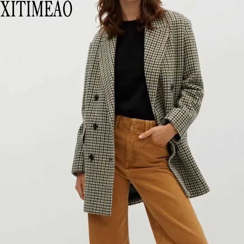 

ZA Women Fashion Autumn Plaid Suit Work Office Lady Slim Double Breasted Casual Female Blazer Coat 210604, As picture