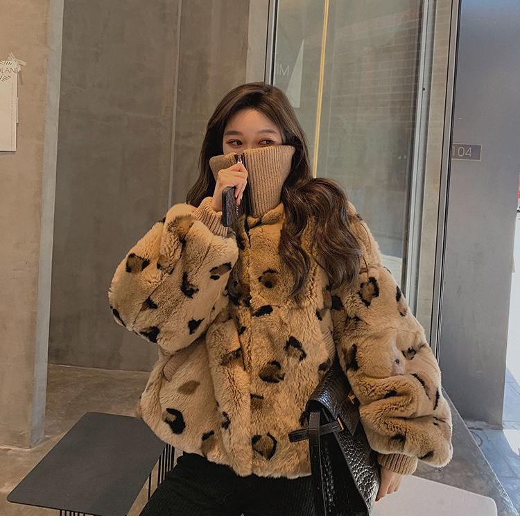 

Women's Fur & Faux 2021 Autumn Winter Women Coat Female Warm Plush Long Sleeve Leopard Outerwear Lady Luxury Fake Jacket M371, Black
