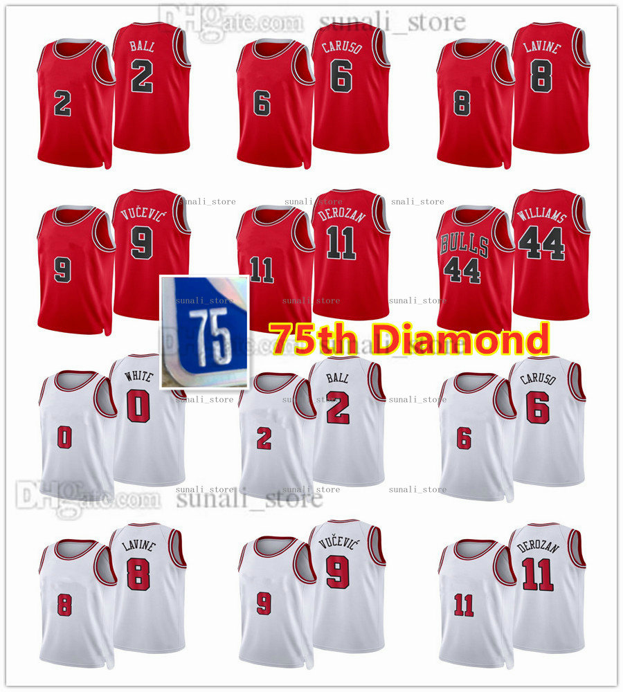 

75th Anniversary Diamond Basketball Jerseys 2021/22 Nikola Vucevic 9 DeMar DeRozan 11 Zach LaVine 8 Lonzo Ball 2 Alex Caruso 6 Patrick Williams 44 Coby White 0 Printed