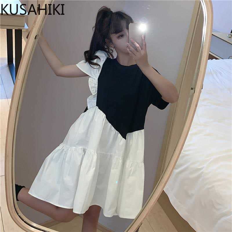 

KUSAHIKI Korean Hit Color Ruffle Patchwork Womend Dress Short Sleeve O-neck Causal A-line Vestidos Dresses 6F409 210602, Black