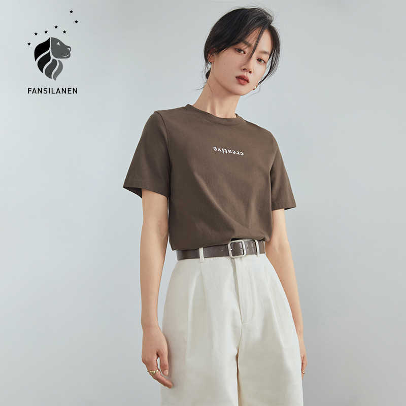 

FANSILANEN 100% Cotton letter print short sleeve t-shirt Women casual streetwear white top tee Summer black oversized t shirt 210607
