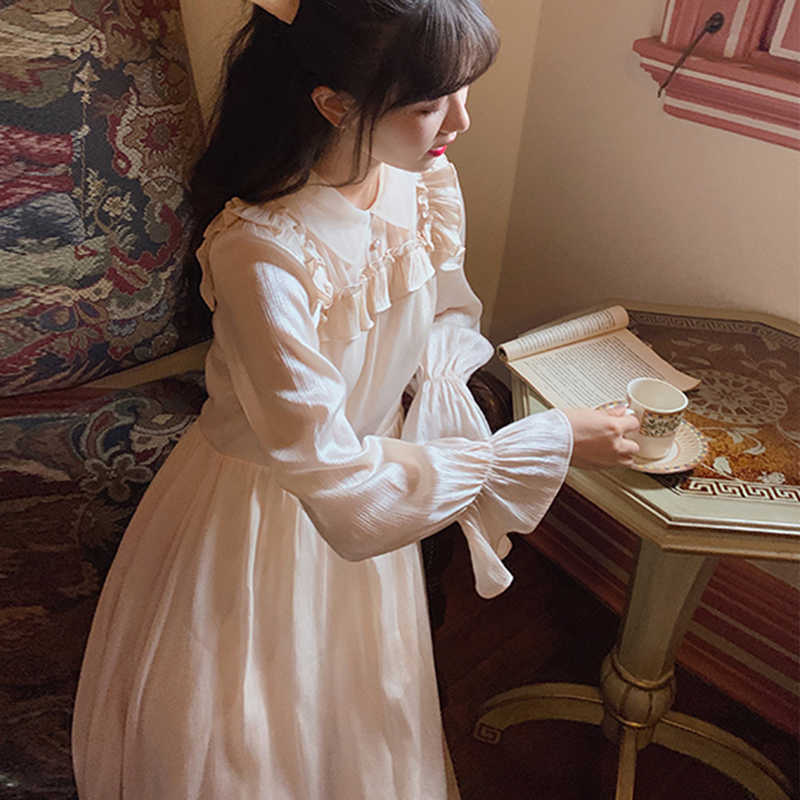 

Elegant French Flare Sleeve Midi Dress Retro Ruffle Doll Collar Fairy Fall Wedding Party 210604, Apricot