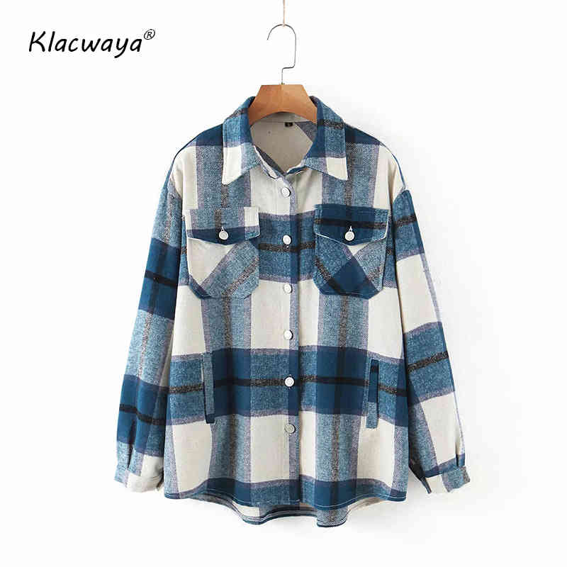 

Women Vintage Stylish Oversized Plaid Jacket Coat Overshirts Lapel Collar Long Sleeve Loose Female Outerwear Chic Tops 210521, Sky blue