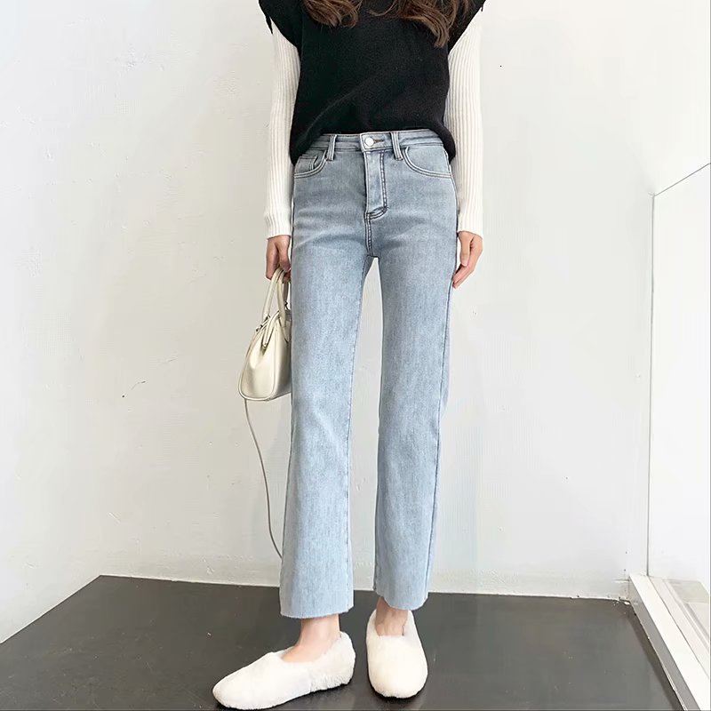 

jeans f7791 - korean women's clothing fall / winter 2021 high waist plush thin flannel denim straight pants for women, Blue