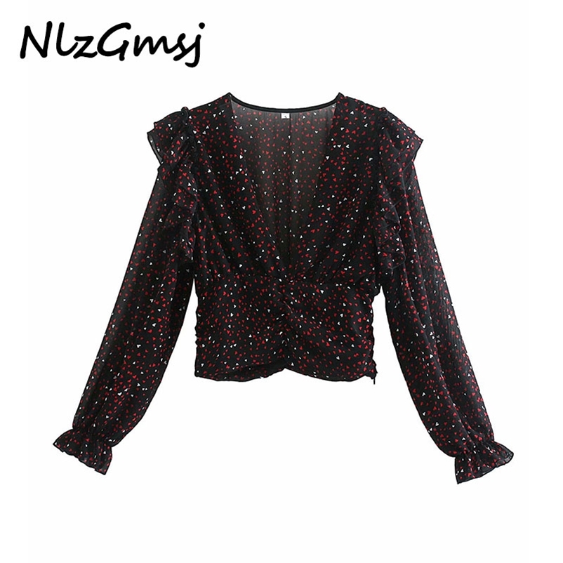 

Blouse Women Printed Chiffon Blouses Vintage V neck Long Sleeve Shirt Tops Chic Puff Pleated Blusas Mujer 210628, As picture