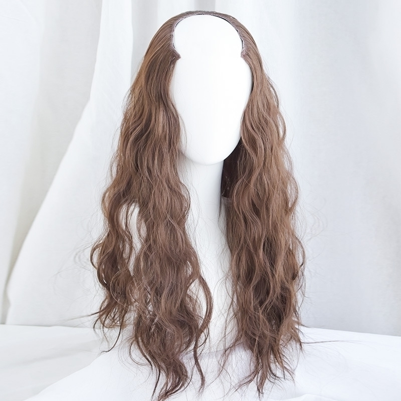 

wool roll half Wig head U-shaped wig cover fluffy large wave hair patch can, Light brown