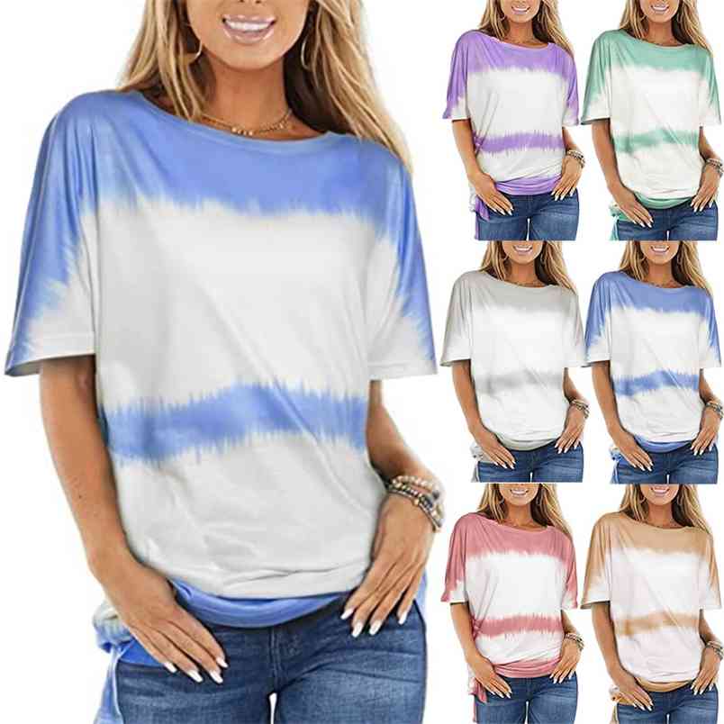 

Womens Loose Summer T Shirt Plus Size Tops O-neck Short Sleeve Women's Cotton T-shirts for Teens Tie-dye Pullover Blue 210604, Purple
