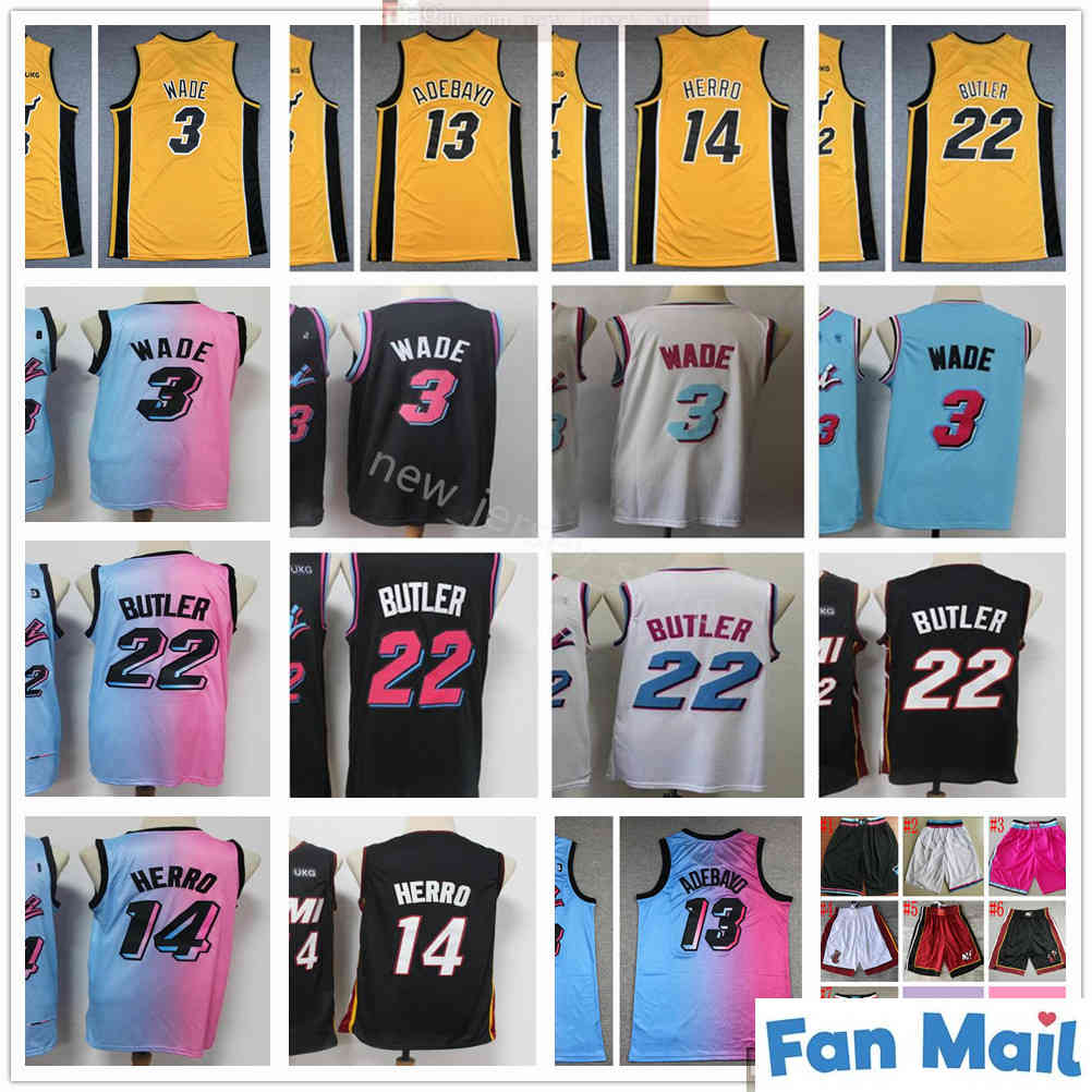 

Top Quality New Yellow Basketball 22 Jimmy 14 Tyler Butler Herro Jerseys Stitched 13 Bam Adebayo Pink White Black City Blue Jerseys Shorts, Black;red