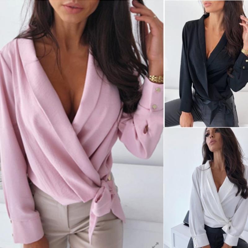 

Plus Size 2XL Sexy Deep V-Neck Blouses Women Tops Lace Up Black Blouse Female 2021 Spring Summer Office Lady Loose Top For Woman Women's & S, White