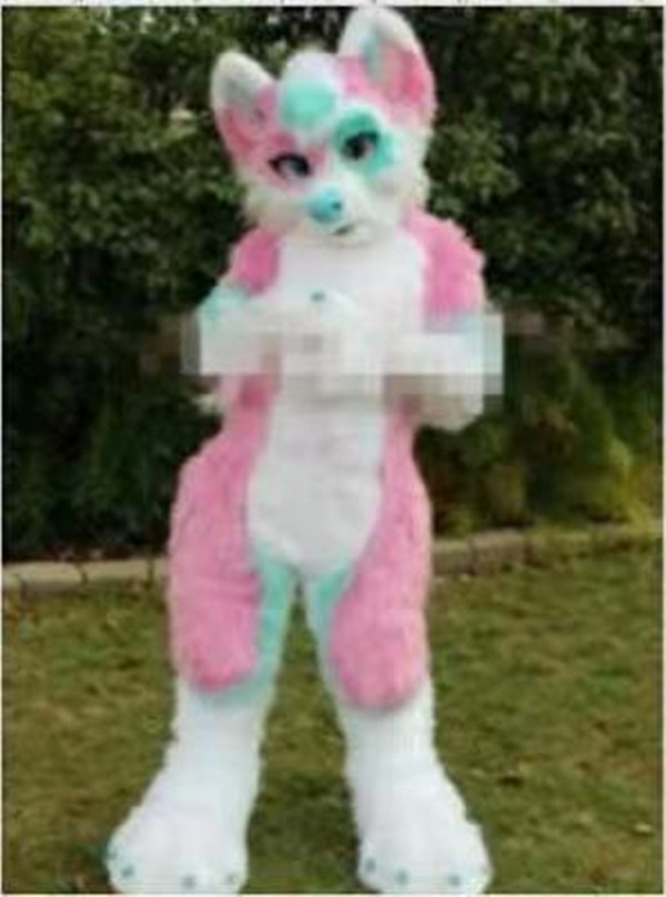 

2019 Profession made Pink Long Fur Furry Fox Wolf Husky Dog Mascot Costume Fursuit Adult Cartoon Christmas party