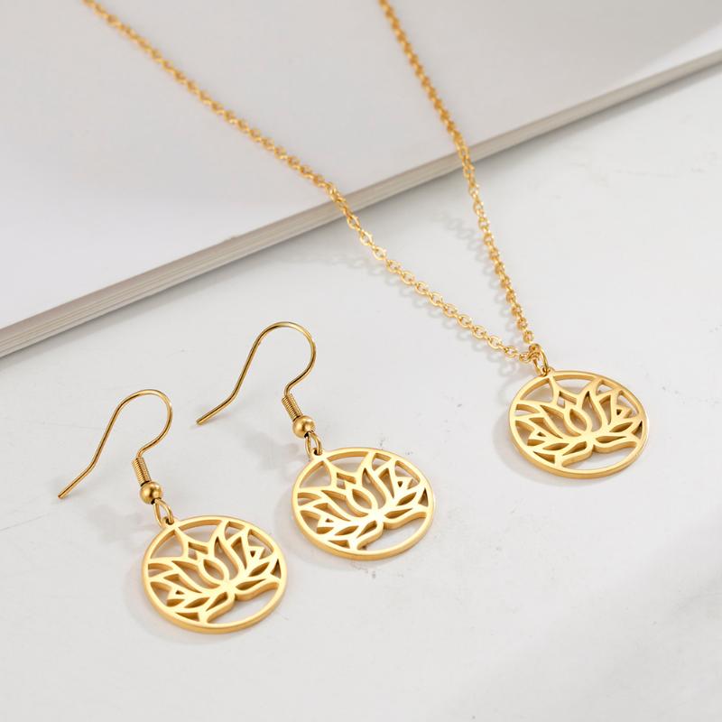 

Earrings & Necklace Cazador Stainless Steel Lotus Jewelry Set For Women Girl Flower Pendant Dangle Christmas Valentine's Day Gifts, Silver