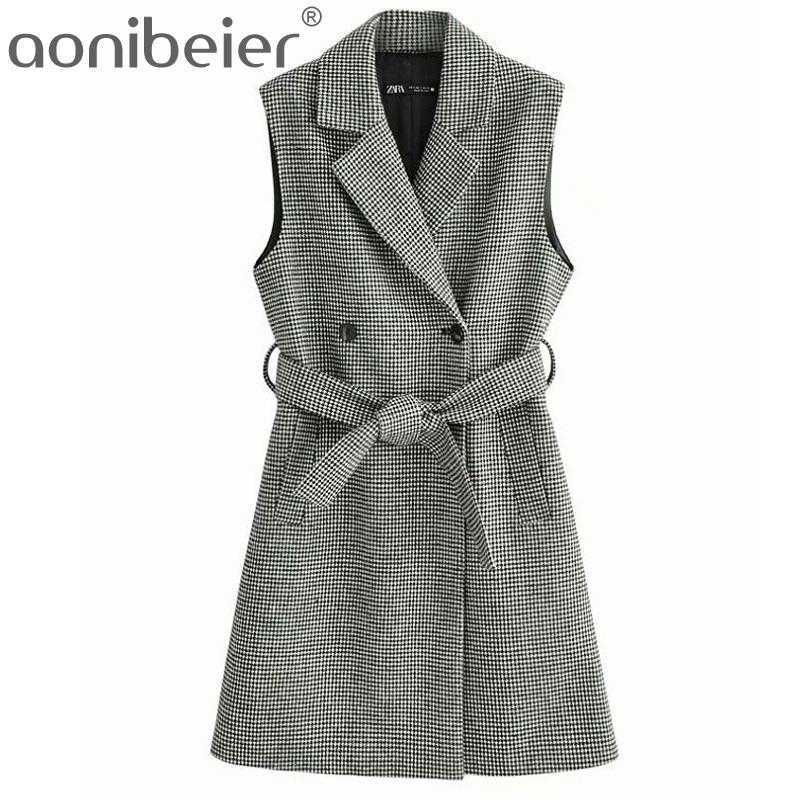 

Long Vest Women Houndstooth Double Breasted Waistcoat Vintage Sleeveless With Belt Female Outerwear Chic Tops 210604, Black