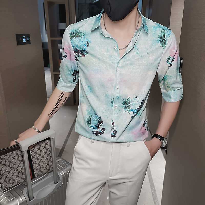 

Summer Short Sleeve Shirts Men Fashion Printed Slim Fit Streetwear Shirts Social Party Blouse Men Clothing Chemise Homme 210527, Yellow