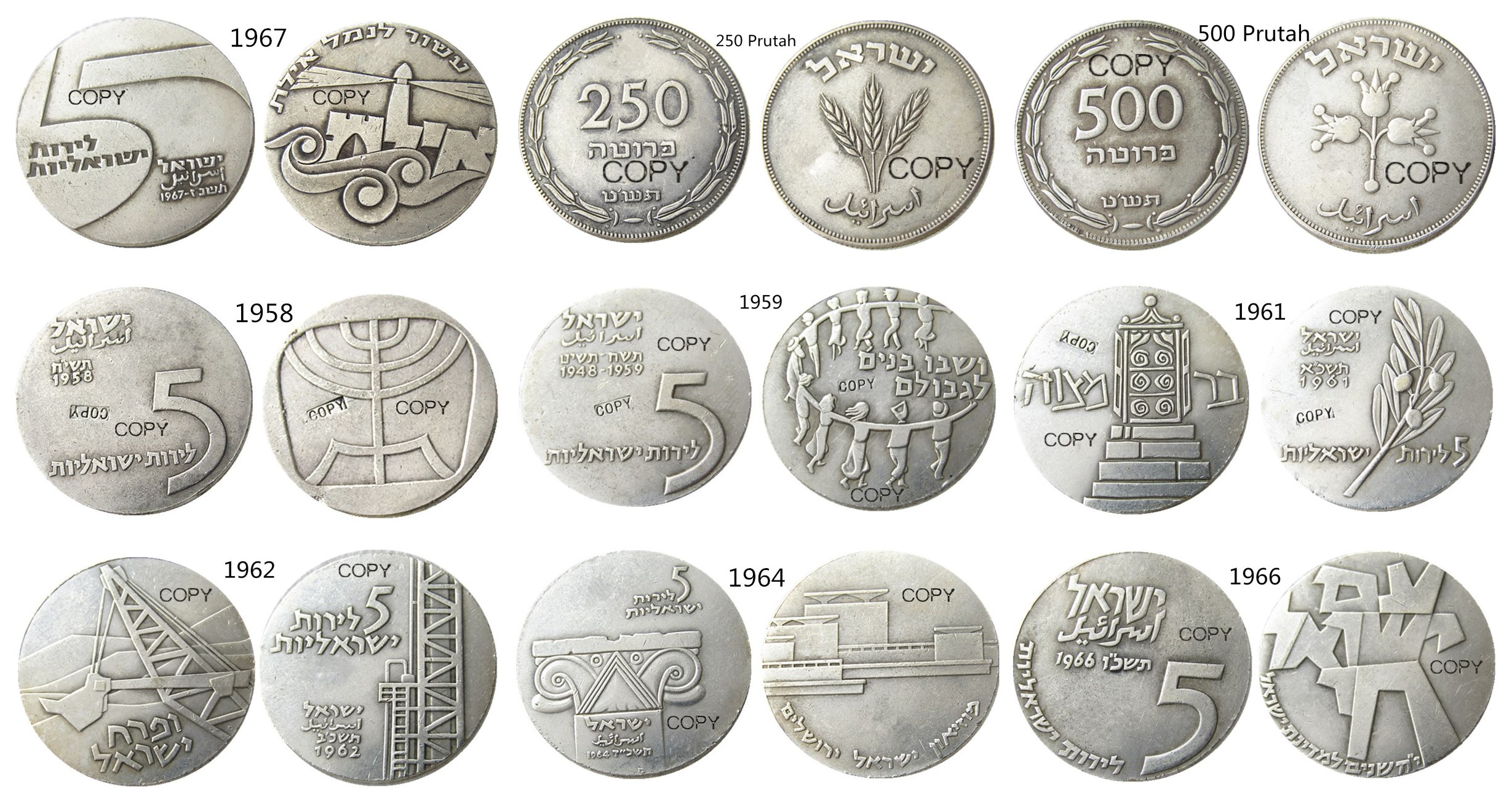 

Israel 5 Lirot A Set Of(1958-1967) 9pcs Craft Different Anniversary of Indepence Silver Plated Copy Coins Ornaments home decoration accessories