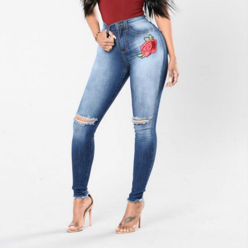 

Women's Jeans Fashion Hole-breaking Embroidery High-elasticity Pencil Stretch Denim Pants Trousers Female Street Small-feet Jean, Blue