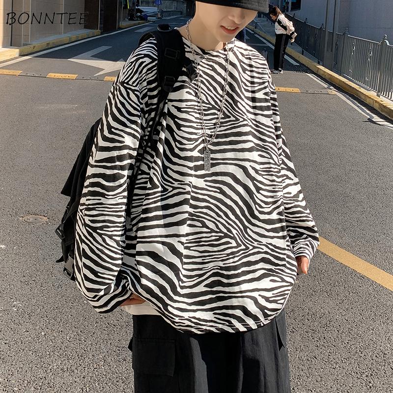 

Men's T-Shirts Long Sleeve Men All-match Trendy Zebra Pattern Oversize Loose Tees Students Streetwear Korean Stylish Spring Ins Retro, White;black