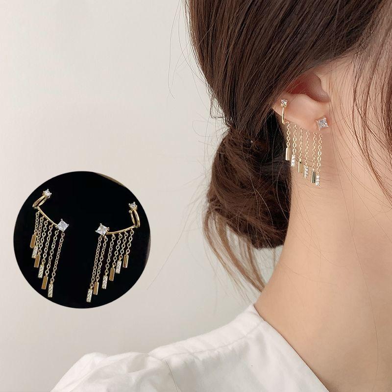

Dangle & Chandelier Gold Color Tassel Zircon Earrings For Women Rhinestone Korean Ear Clip All-in-one Luxury Jewelry Gifts Trend 2021