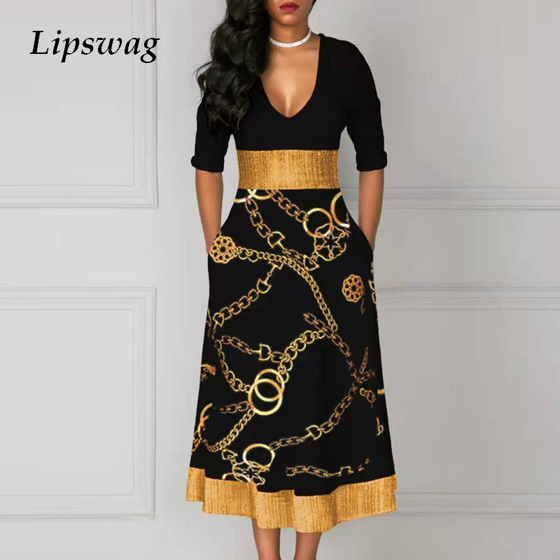 

women autumn long sleeve pocket a-line dress 2021 spring chains print patchwork party dress retro elegant office lady long dresshigh quality, Black;gray