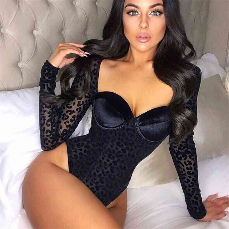 

Female Leopard Print Bodysuit Mesh Sheer Black Sexy Jumpsuit Women's Square Collar Long Sleeve Body Party Top Overalls 210517, Beige