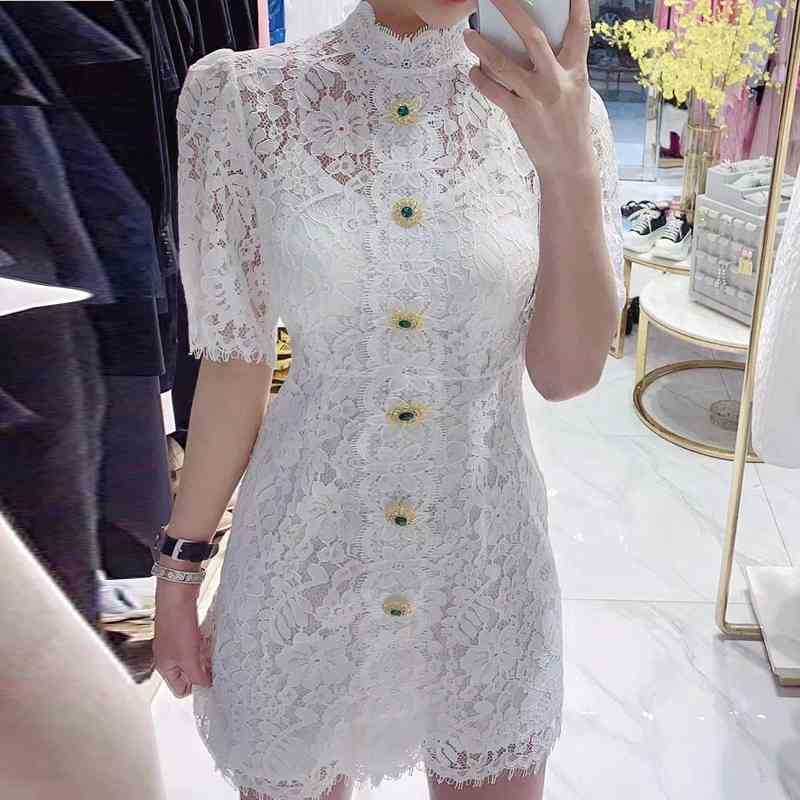 

ZAWFL Spring Summer Women Elegant Short Sleeve Lace Dress Stand Collar Diamond Single Breasted Slim 210525, Picture color
