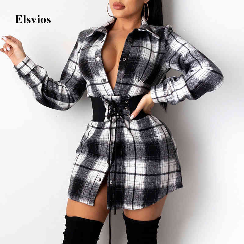 

Casual Dresses Spring Plaid Print Office Lady Shirt Elegant Turn-Down Collar Button Women Mini 2021 Autumn Lace-Up Belt Party I1SZ, Black white