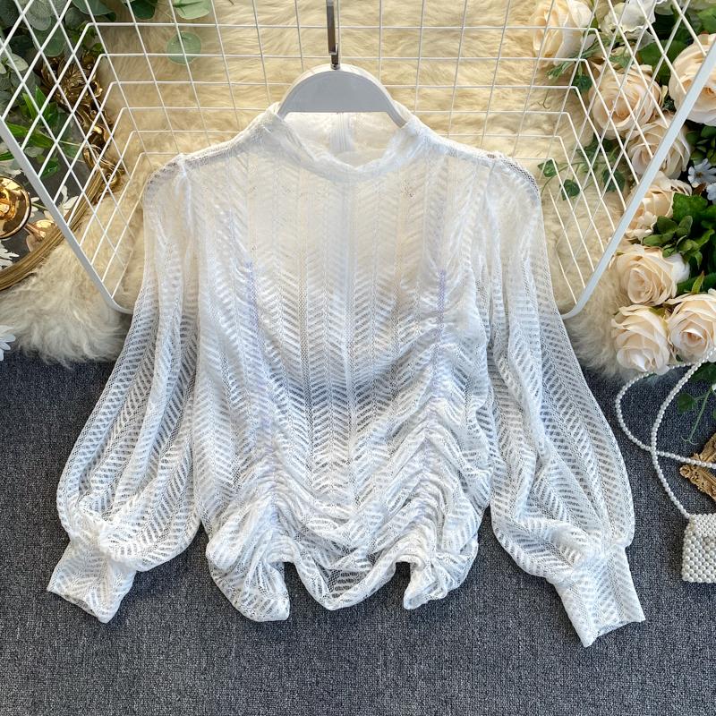 

Women's Blouses & Shirts Women Lace Skinny Shirt Long Puff Sleeve Turtleneck Hollow Out Ruffles Trend 2021 Elegant Casual Blouse, Beige