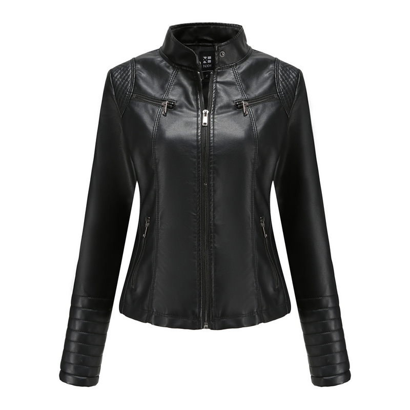 

N788 Women'S Leather Jacket Spring And Autumn High-Quality Fashion Classic Punk Motorcycle Style Zipper Cuffs Thin Short Jacket, Black