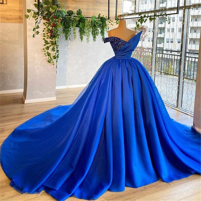 

Royal Blue Ball Gown Prom Dresses Luxury Beads Satin Tulle Off Shoulder Party Evening Gowns Long Special Occasion Dress Vestidos Longo Robe De Soiree 2022, Gold
